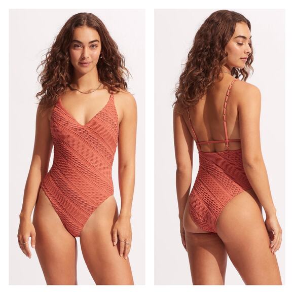 Seafolly Marrakesh Boho Crochet One Piece Swimsuit In Cinnamon Size 8 US - Picture 1 of 11